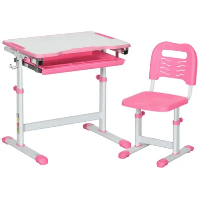 HOMCOM Set Masă și Scaun pentru Copii Reglabilă pe Înălțime, cu Blat Înclinabil 45°, 66x47x52-77 cm, Roz | Aosom Romania