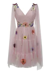 Rochie scurtă din tul cu flori MALINA - Roz deschis