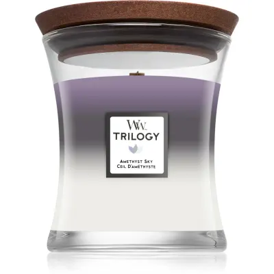 Woodwick Trilogy Amethyst Sky lumânare parfumată cu fitil din lemn 275 g