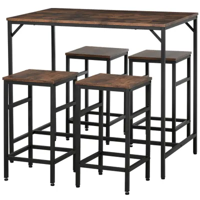 HOMCOM Masă Bar cu 4 Taburete, Stil Industrial, Picioare Antialunecare, Ideal pentru Bucătărie și bar, Maro, 100x60x88 cm | Aosom Romania
