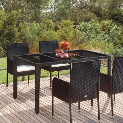 vidaXL Masă grădină cu blat din sticlă, negru, 150x90x75 cm, poliratan