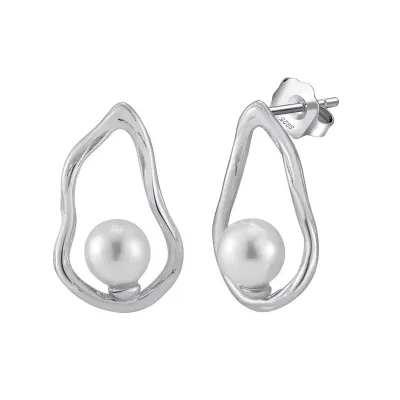 Cercei argint 925, JW1715, model abstract cu perle, placati cu rodiu