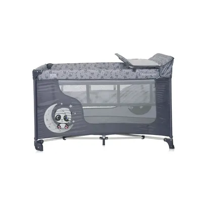 Patut pentru copii Lorelli Moonlight Cool Grey Pandas pliabil, cu 2 nivele, laterala cu fermoar, masuta de infasat, saltea si geanta de transport incluse