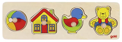 Puzzle din lemn cu manere Goki - Minge, casa, rata si ursulet