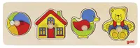 Puzzle din lemn cu manere Goki - Minge, casa, rata si ursulet