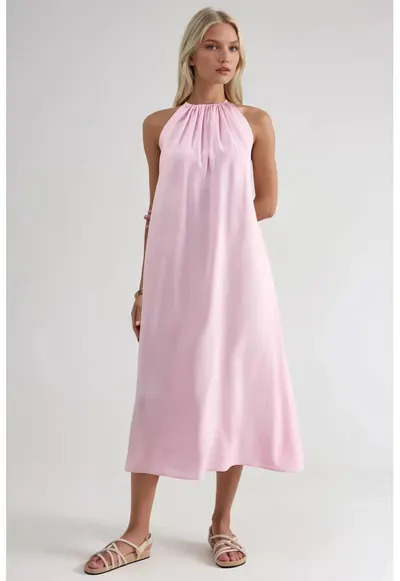 Rochie lunga detalii drapate - poliester/modal - Roz pudrat