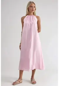 Rochie lunga detalii drapate - poliester/modal - Roz pudrat