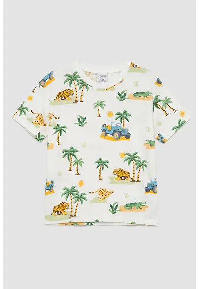 Tricou din bumbac cu decolteu la baza gatului - Alb/Verde/Portocaliu