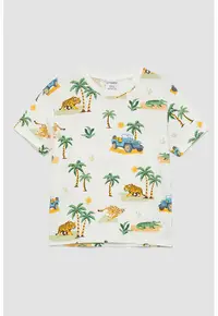 Tricou din bumbac cu decolteu la baza gatului - Alb/Verde/Portocaliu