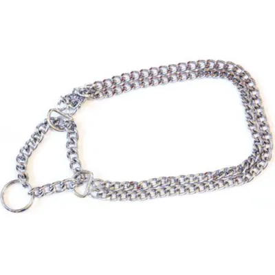 Zgarda metalica de forta din lant dublu, argintie, pentru caini de talie mare, 2 cm x 30 cm