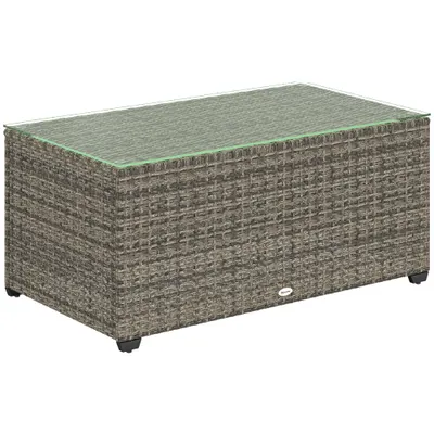 Outsunny Masă de cafea pentru grădină, masă auxiliară din rășină împletită cu blat din sticlă securizată, 90 x 50 x 38 cm, gri închis | Aosom Romania