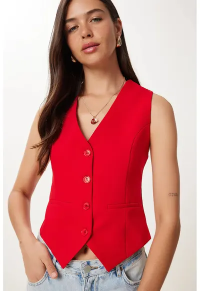 Vesta scurta - Happiness Istanbul - casual - cu nasturi - bumbdwqfwqac si poliester - Rosu