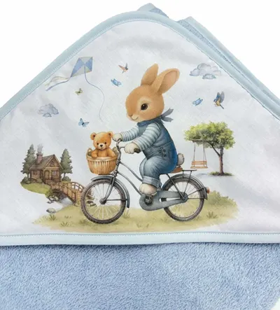 Prosop cu glugă Bambino Casa - Bianco Blu Rabbit, 100 х 100 cm