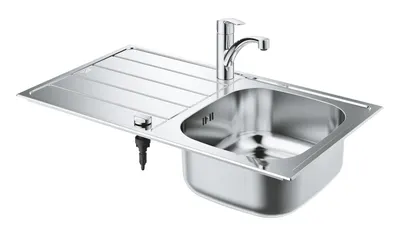 Set chiuveta de bucatarie Grohe Minta 31573SD1, montare pe blat, reversibila, baterie inalta, 3/8, tip L, dus extractabil, Crom