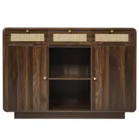 Comodă bufet, 3 sertare + 2 dulapuri cu raft central deschis și fețe din ratan, 120x40x85 cm, Maro