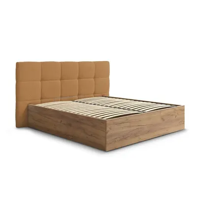 Pat matrimonial galben ocru tapițat/din placă aglomerată de lemn tapițat cu spațiu de depozitare cu somieră 180x200 cm Kumo – Bobochic Paris