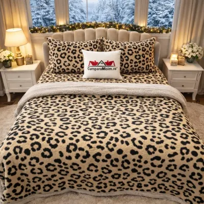 Lenjerie pat dublu, din Blanita Cocolino Sherpa, cu ELASTIC, 4 piese, Bej, Leopard Print