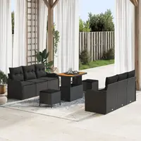 Set canapea de gradina Gossi 9 piese cu perne negru ratan poli acacia, canapea de gradina Gossi cu 2 locuri cu perne negru ratan poli, set de dining gradina 3 piese cu perne negru ratan poli acacia