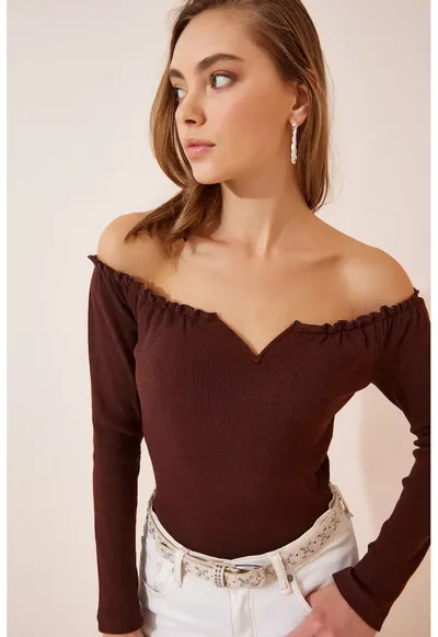 Bluza dama - Happiness Istanbul - decolteu in forma de inima - maro - bumbac