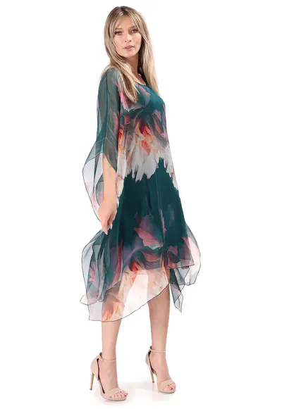 Rochie fluture din voal de matase naturala imprimata cu motive florale RXG-YBF - Verde smarald