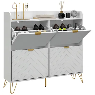 HOMCOM Dulap pentru încălțăminte 4 abtibilduri, cu raft reglabil, depozitare încălțăminte 106 x 24 x 102 cm, alb | Aosom Romania