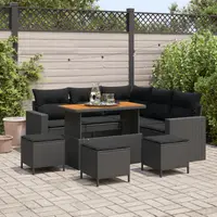 Set canapea gradina Gossi 8 piese cu perne negru poliratan acacia, set de masa gradina Gossi 3 piese cu perne negru poliratan acacia