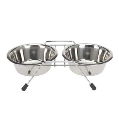 Set 2 boluri, pentru câini și pisici, cu suport, din oțel inoxidabil, 34.5x16.5x8 cm, 0.8l