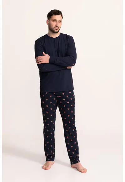 Pijama din bumbac cu fenta scurta cu nasturi Thor - Bleumarin