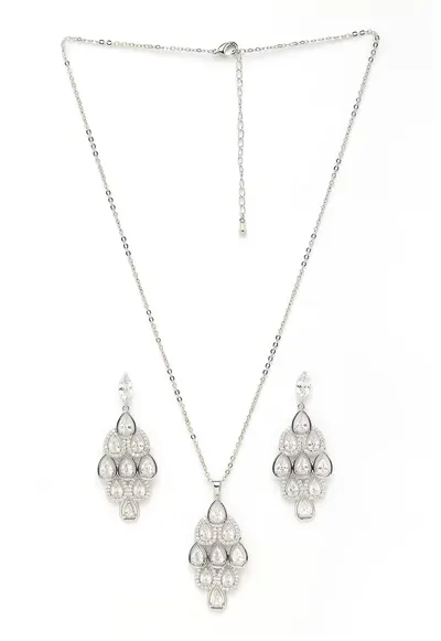 Set de cercei si colier Pearlescent Waterfall - Argintiu/Transparent