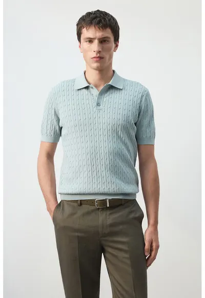 Tricou polo din bumbac cu design torsade - Verde menta