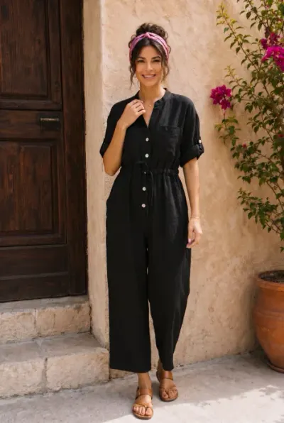 Salopeta de vara, din in, cu cordon in talie, neagra