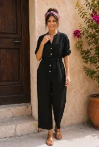 Salopeta de vara, din in, cu cordon in talie, neagra