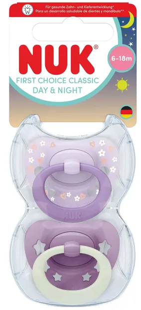 Suzete din silicon NUK First Choice - Day & Night, 6-18 luni, pentru fete, mov, 2 buc
