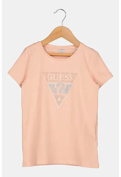 Tricou cu decolteu la baza gatului si aplicatie logo din strasuri - Roz somon