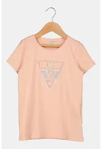 Tricou cu decolteu la baza gatului si aplicatie logo din strasuri - Roz somon