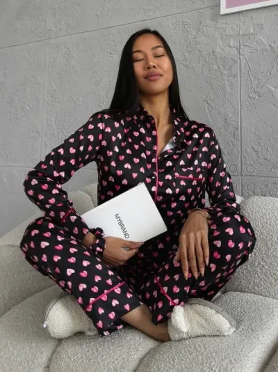 Set pijama dama din doua piese, cu nasturi – 2301408, Negru/ Roz