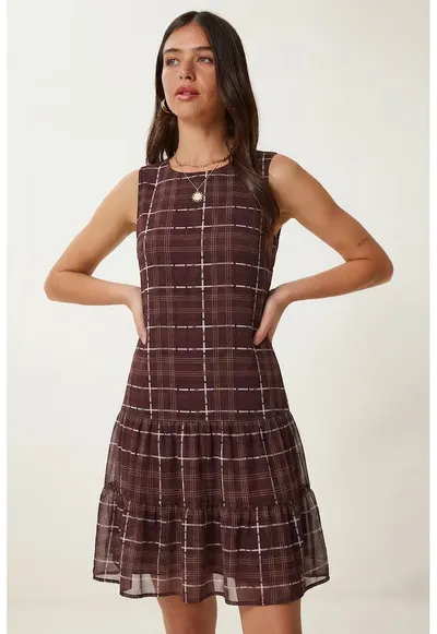 Rochie mini - Happiness Istanbul - model cu carouri - volane - mov - poliester