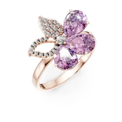Inel floare din aur roz cu ametiste pear de 3.3ct si diamante de 0.2ct