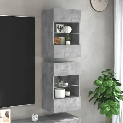 vidaXL Comode de perete cu lumini LED pentru TV 2 buc. gri beton 40x30x60,5cm