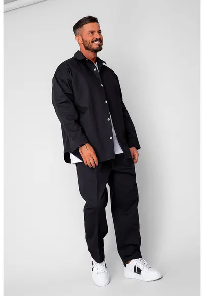Set Oversized Camasa si pantalon drept din 100% Bumbac - Premium Edition Navy 20261 - Negru