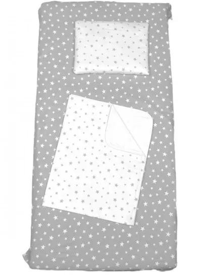 Set 3 piese paturica cu cearsaf si pernuta 120x60 cm Mix stelute gri