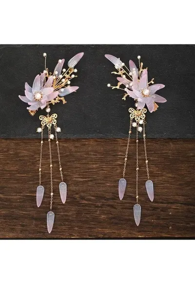 Set 2 accesorii par - aurii - cu flori mov - pietre si lanturi - Helga C7