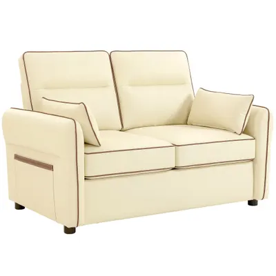 HOMCOM Canapea 2 Locuri din Piele Ecologică cu Umplutură Groasă, Buzunar Lateral și 2 Perne, 136x81x90 cm, Bej | Aosom Romania