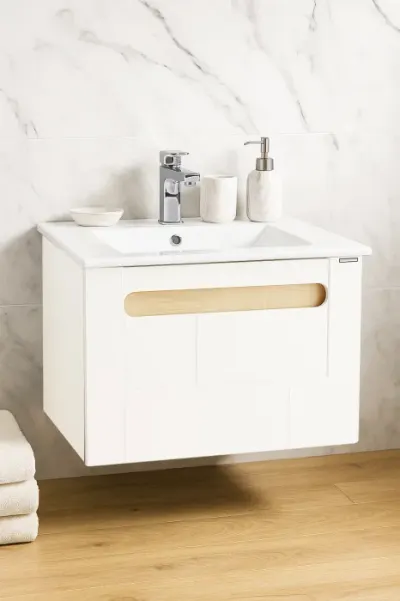 Set Baza front MDF si Lavoar seria 032, suspendata, cu sertar, montat, 60 cm, alb + sonoma