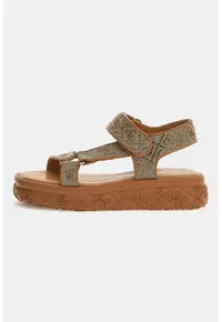 Sandale cu strasuri - inchidere velcro si model monograma - Maro/Bej