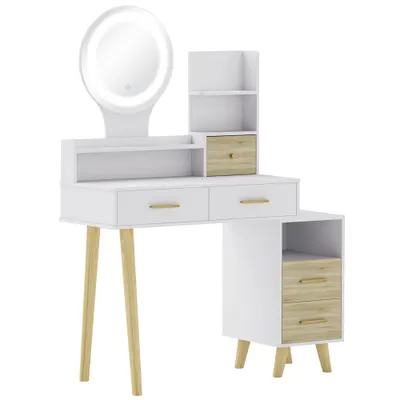 HOMCOM Masă de toaletă cu oglindă și lumini LED reglabile cu 5 sertare 4 compartimente și 1 poliță 100x44x137 cm Alb și Natural | Aosom Romania