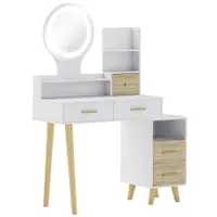 HOMCOM Masă de toaletă cu oglindă și lumini LED reglabile cu 5 sertare 4 compartimente și 1 poliță 100x44x137 cm Alb și Natural | Aosom Romania