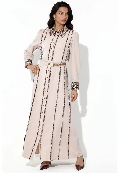 Rochie Camasa Maxi - imprimeu leopard - casual - bej natural - poliester-lycra
