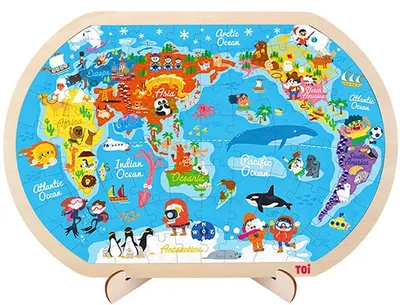Puzzle din lemn pentru copii Toi World - Harta lumii, 80 piese
