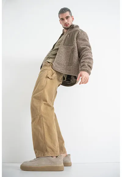 Jacheta regular-fit din blana shearling sintetica cu buzunar pe piept - Maro camel